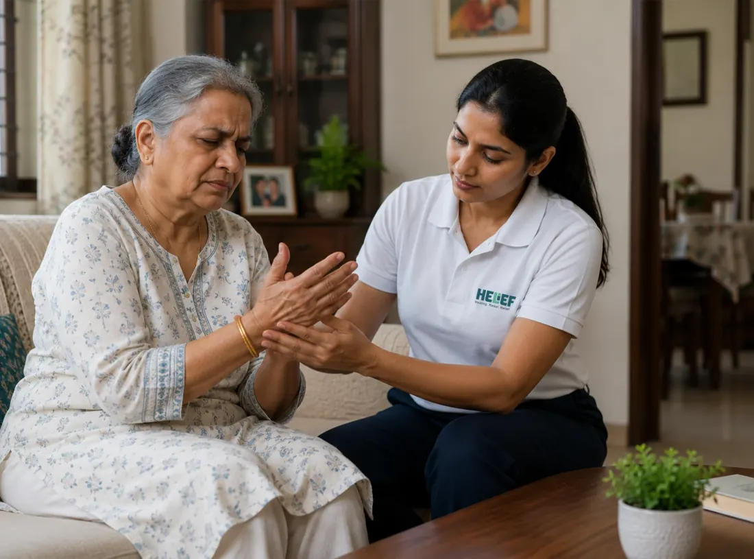 Helief physiotherapist treating arthritis at home in Bangalore