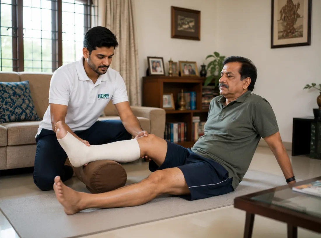 Helief physiotherapist treating fracture recovery at home in Bangalore