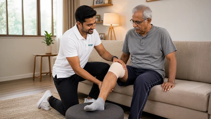 Home physiotherapy after knee replacement in Bangalore, with a physiotherapist guiding early movement at the patient's home