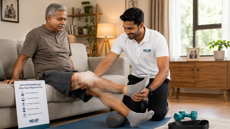 Home physiotherapy after total knee replacement in Bangalore, working on range of movement