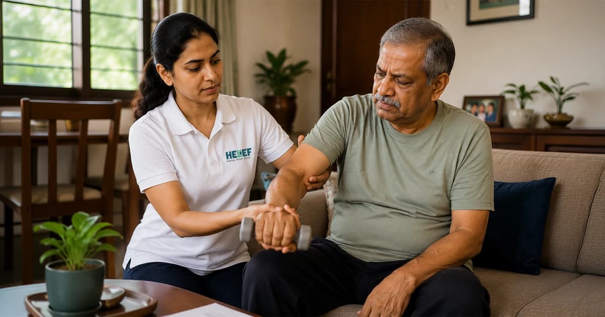 What home physiotherapy charges in Bangalore include — a certified physiotherapist treating a patient at home