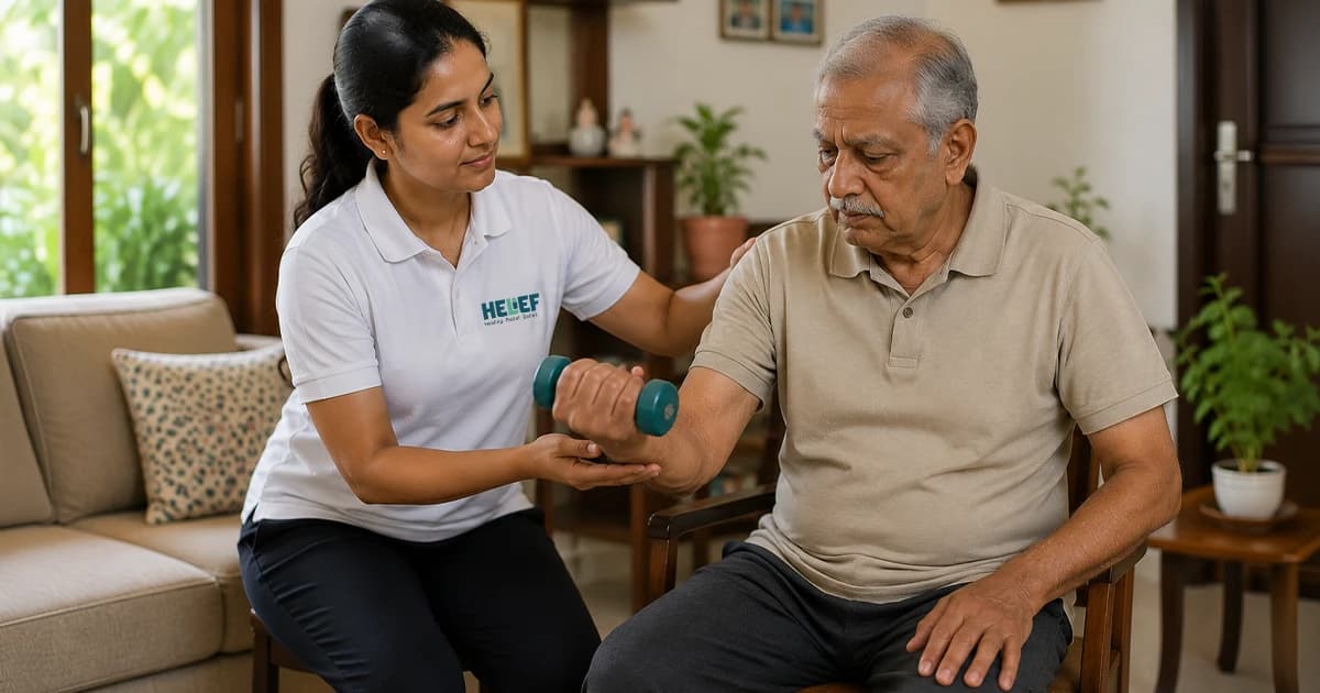 A certified neuro physiotherapist guiding a Parkinson's patient through balance and gait exercises at home in Bangalore