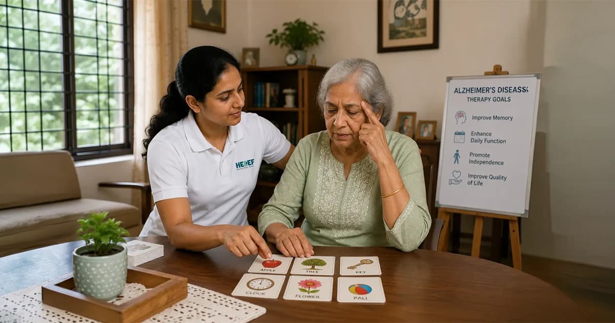 A certified physiotherapist gently supporting an older adult with dementia during balance and walking practice at home in Bangalore