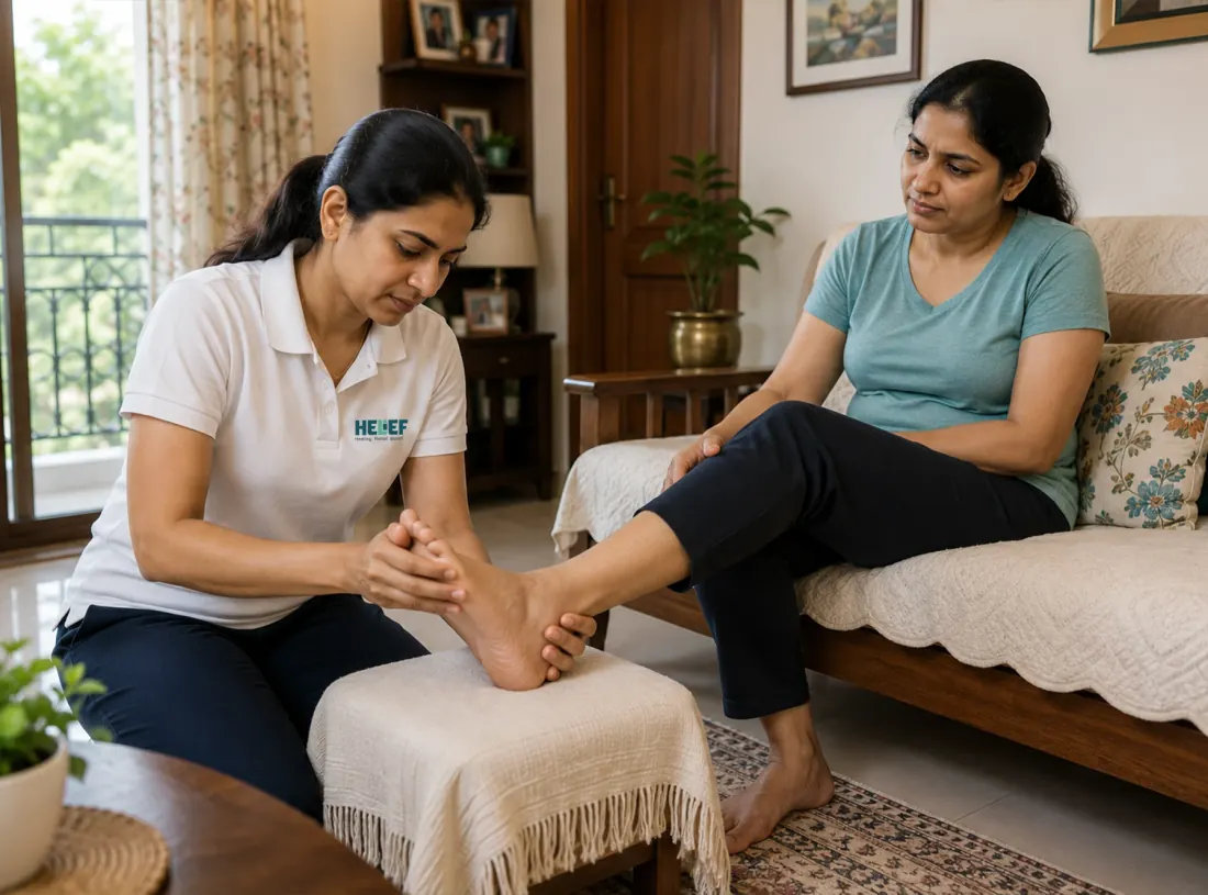 Helief physiotherapist treating plantar fasciitis at home in Bangalore