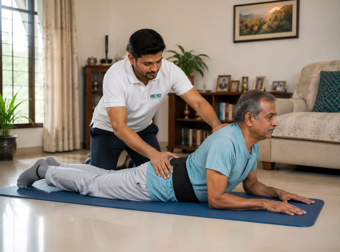 Helief physiotherapist treating spine surgery at home in Bangalore