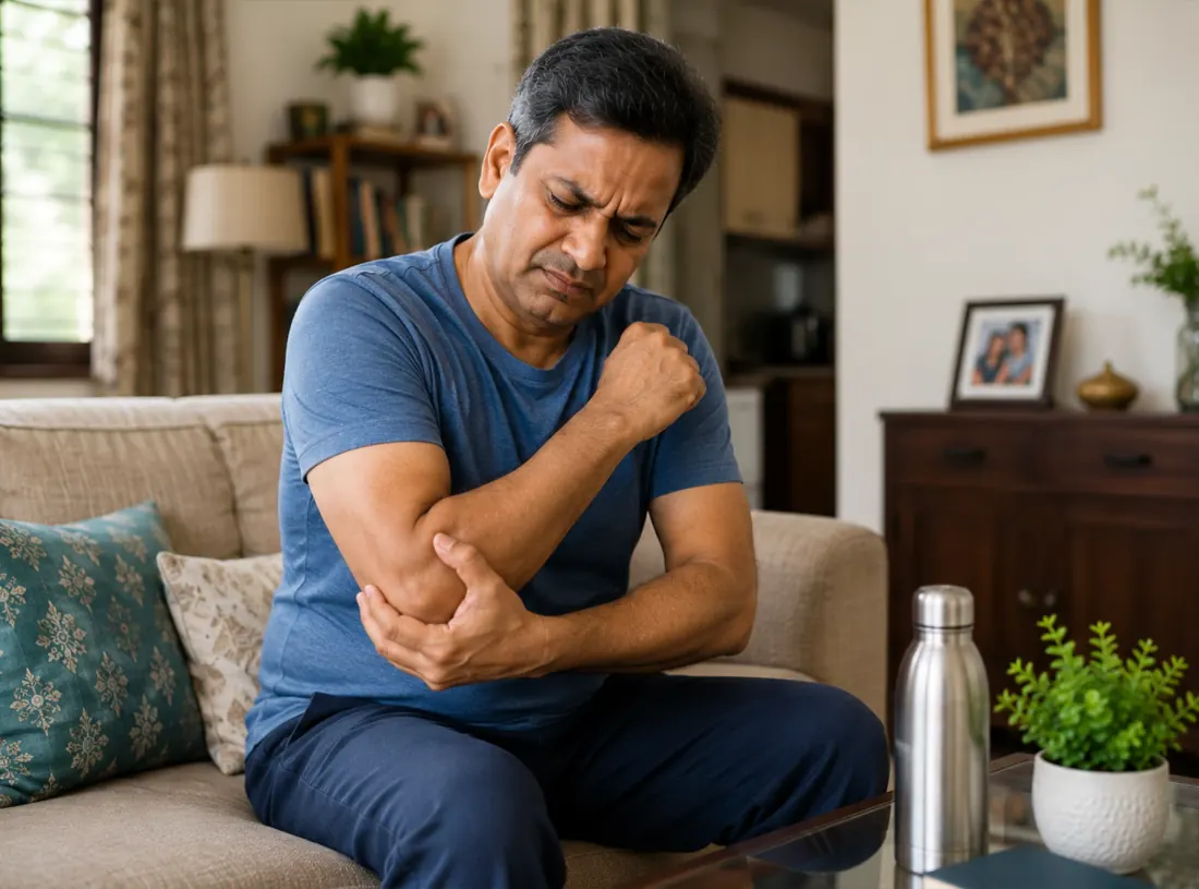 Helief physiotherapist treating tennis elbow at home in Bangalore