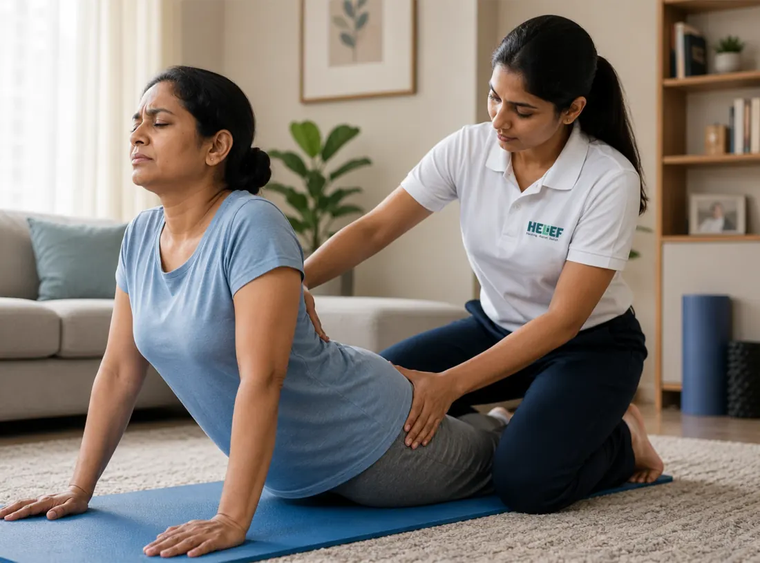 Helief physiotherapist treating back pain at home in Bangalore