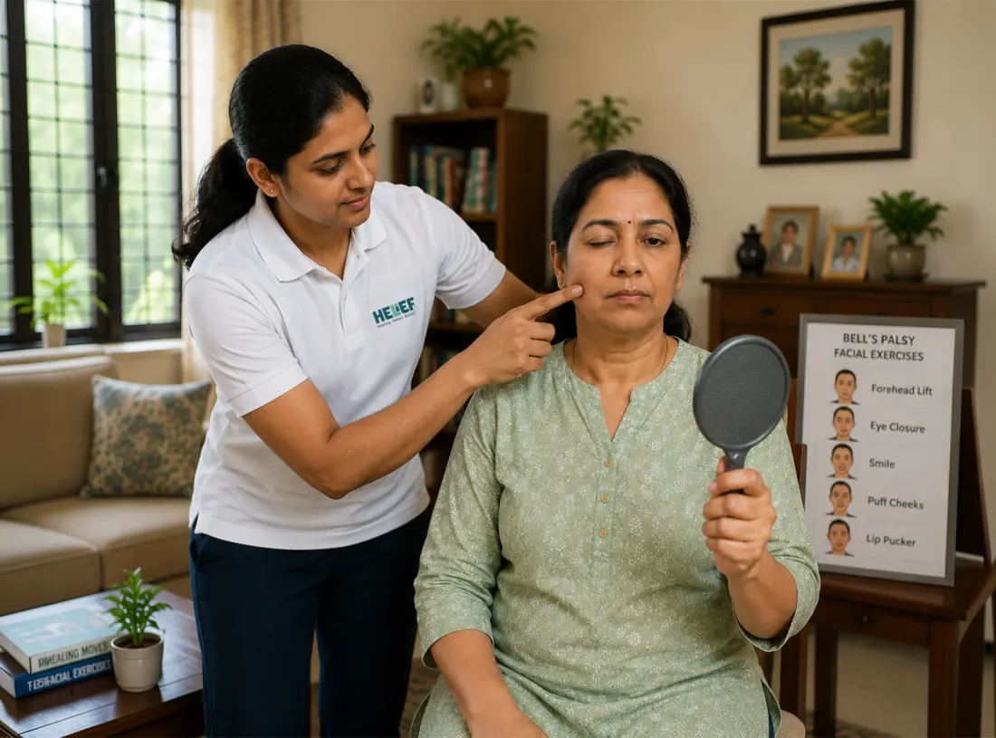 Helief physiotherapist treating bell's palsy at home in Bangalore