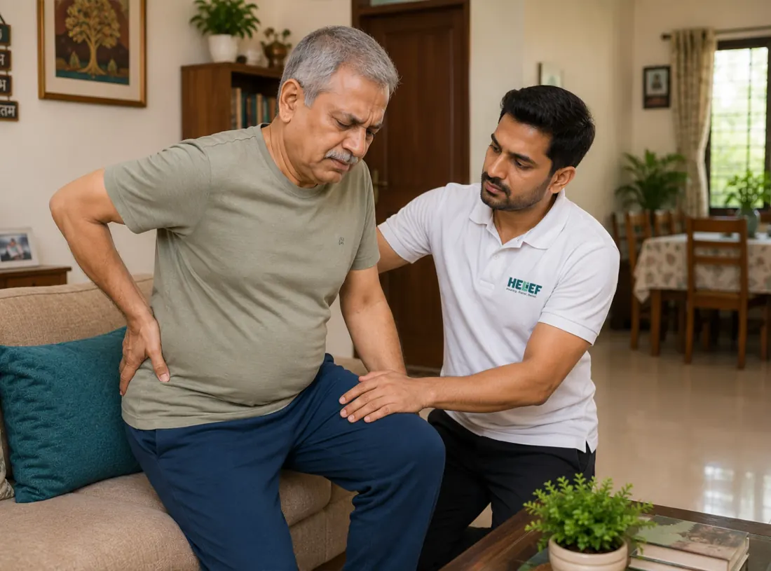 Helief physiotherapist treating hip pain at home in Bangalore