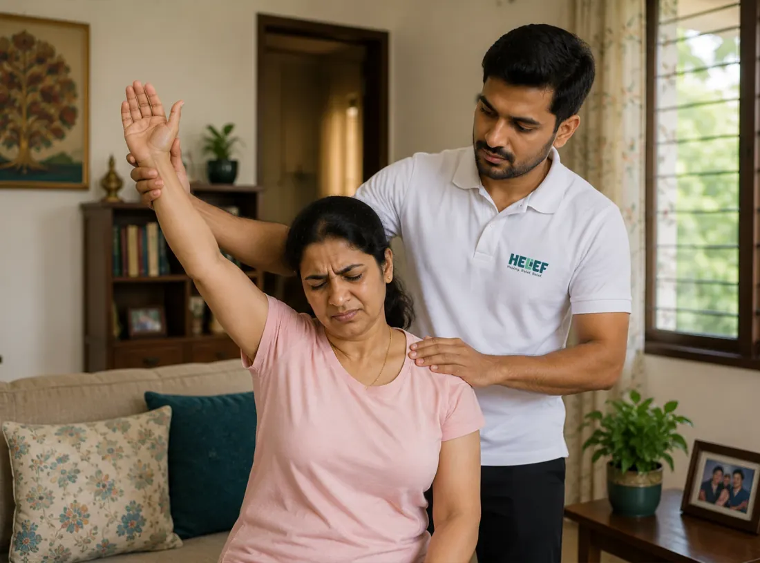 Helief physiotherapist treating frozen shoulder at home in Bangalore