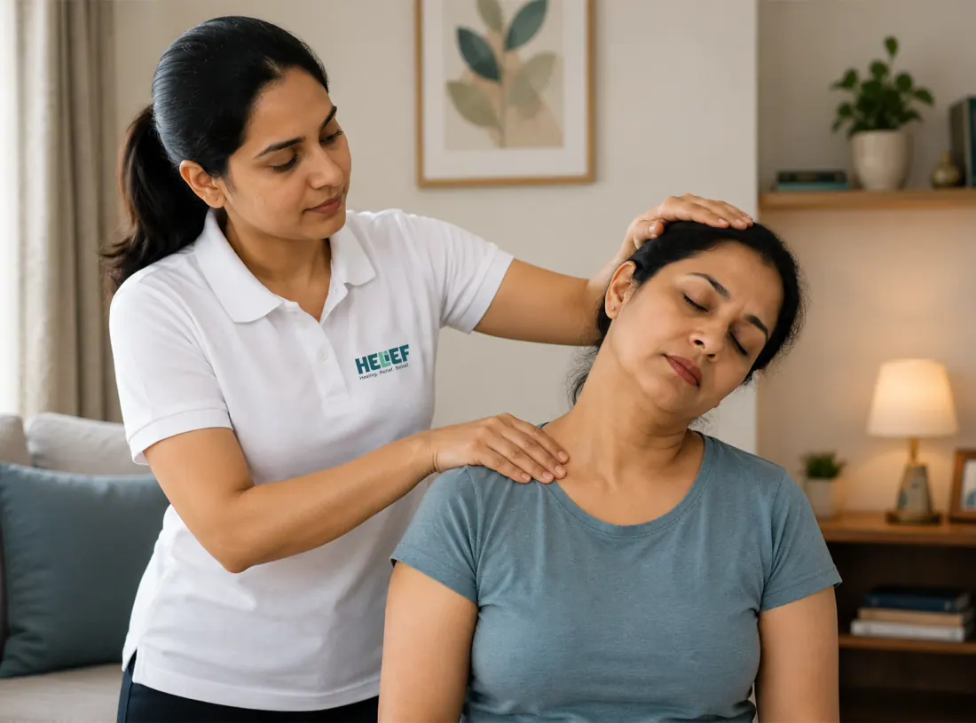 Helief physiotherapist treating neck pain at home in Bangalore