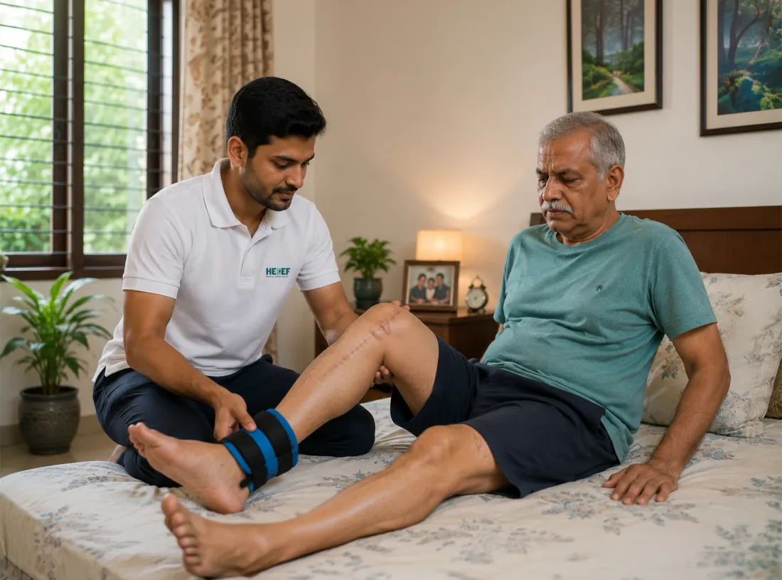 Helief physiotherapist treating knee replacement at home in Bangalore