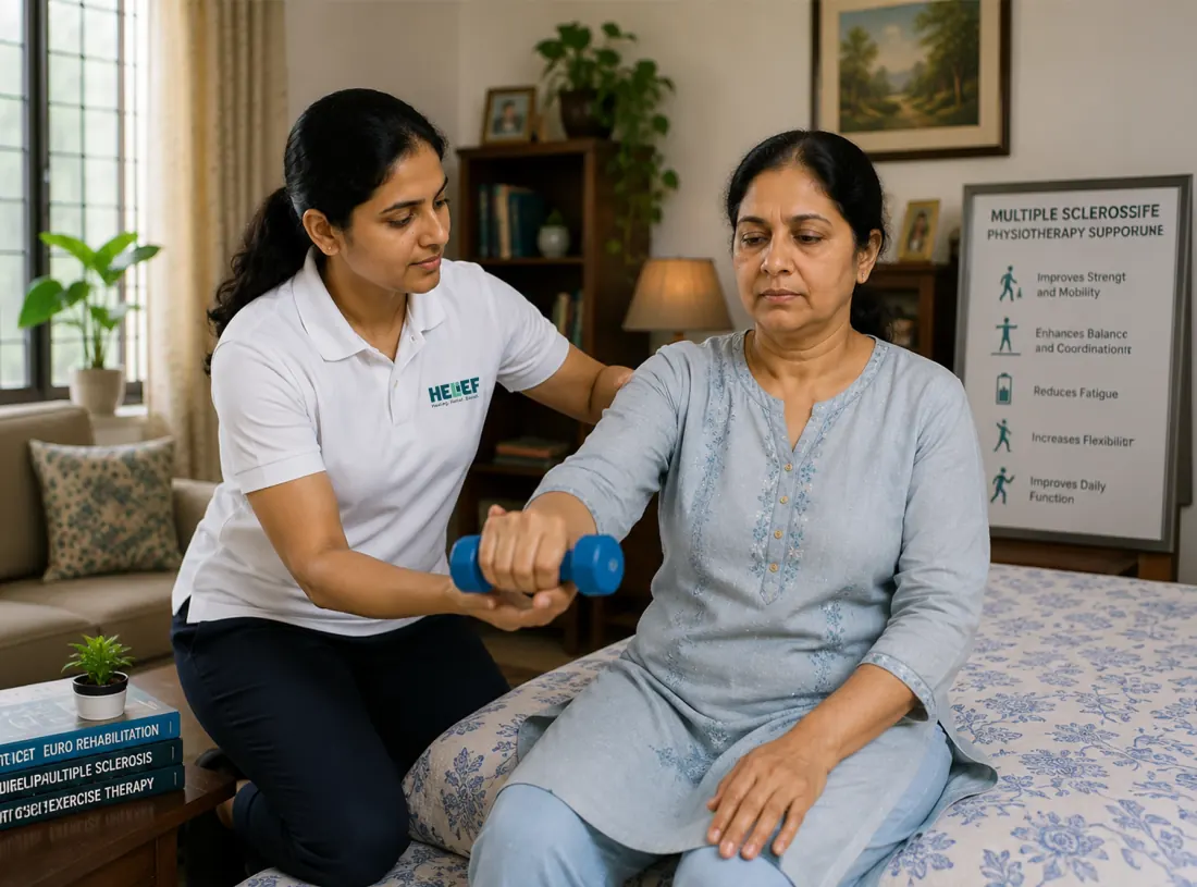 Helief physiotherapist treating multiple sclerosis at home in Bangalore