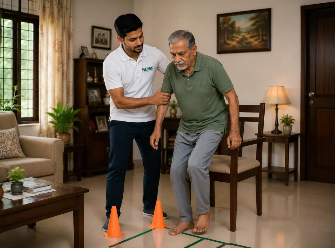 Helief physiotherapist treating parkinson's disease at home in Bangalore
