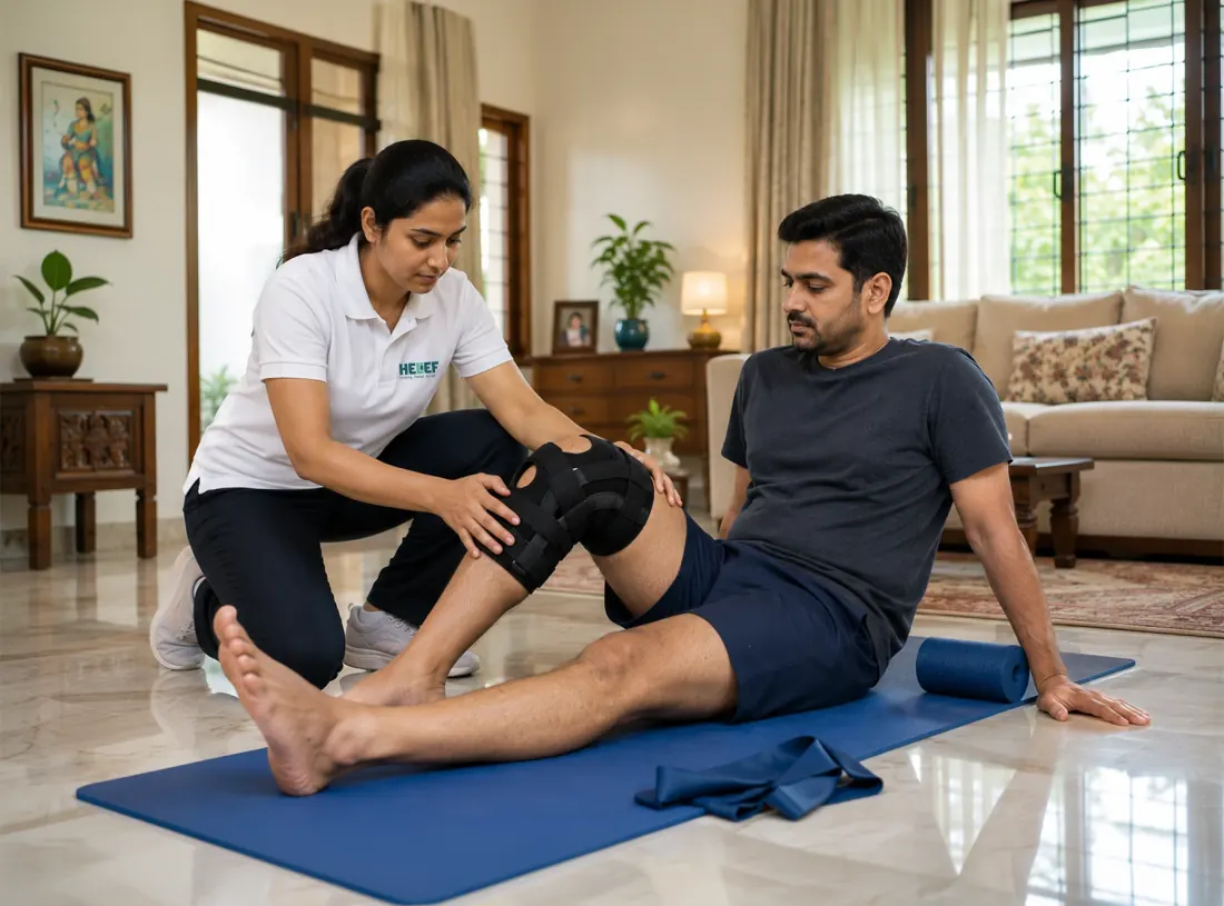 Helief physiotherapist treating acl reconstruction at home in Bangalore