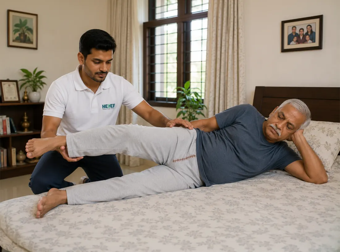 Helief physiotherapist treating hip replacement at home in Bangalore