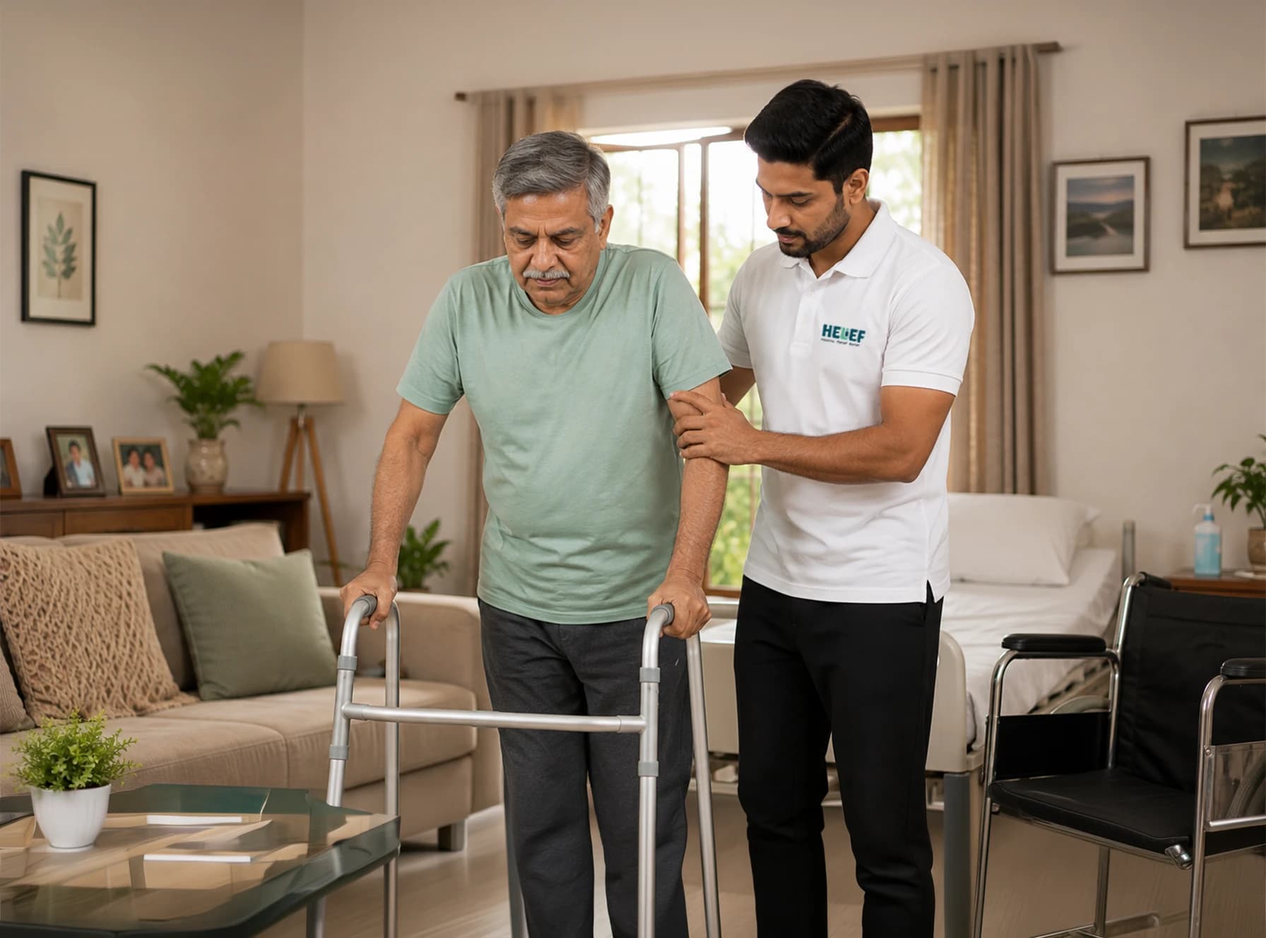 Helief physiotherapist treating post-hospitalisation recovery at home in Bangalore