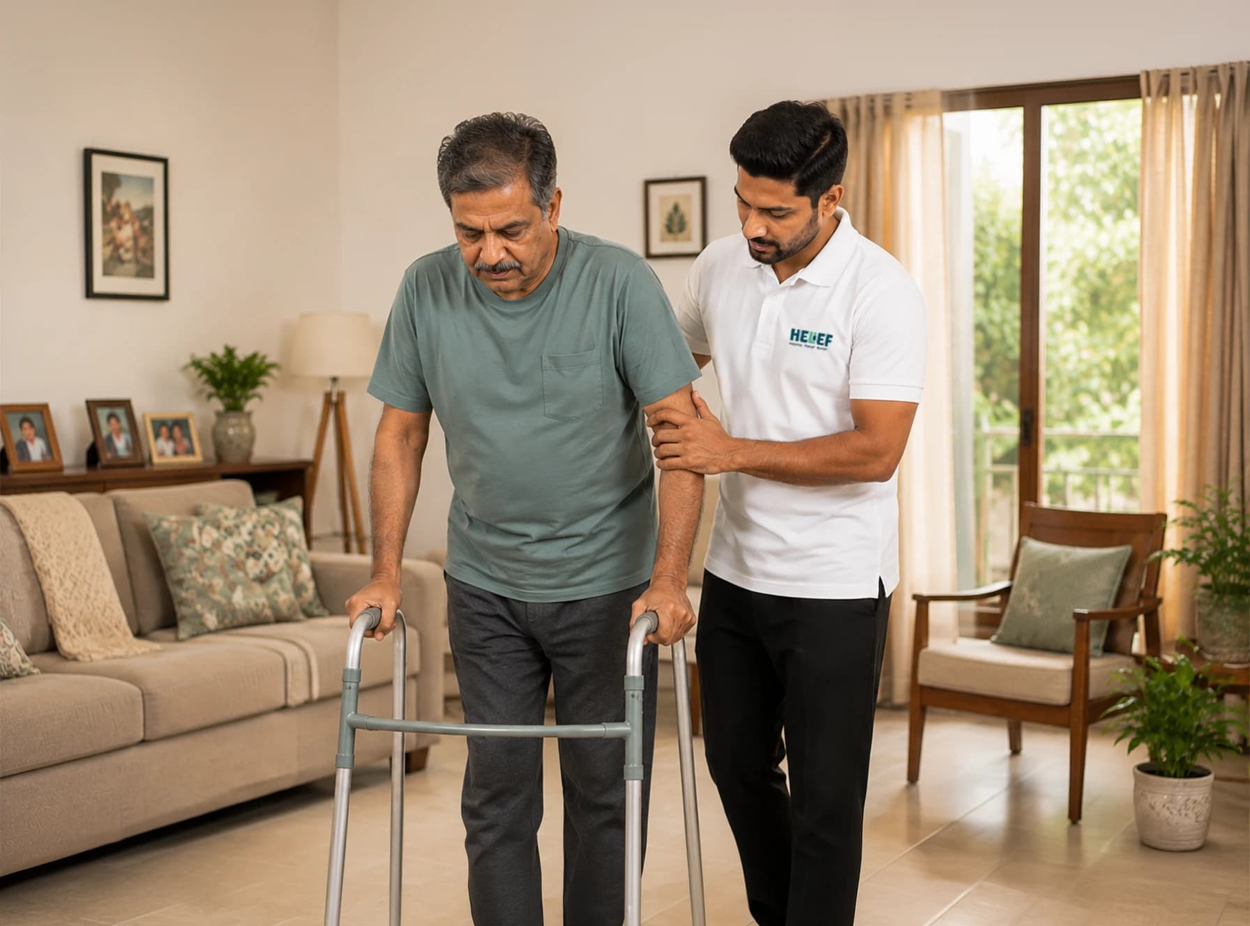 Helief physiotherapist treating walking difficulty at home in Bangalore