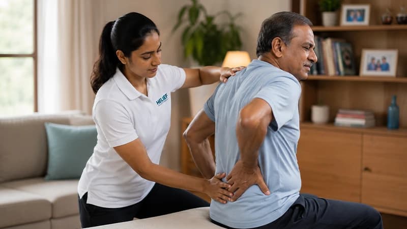 A physiotherapist treating chronic back pain with home physiotherapy in Bangalore