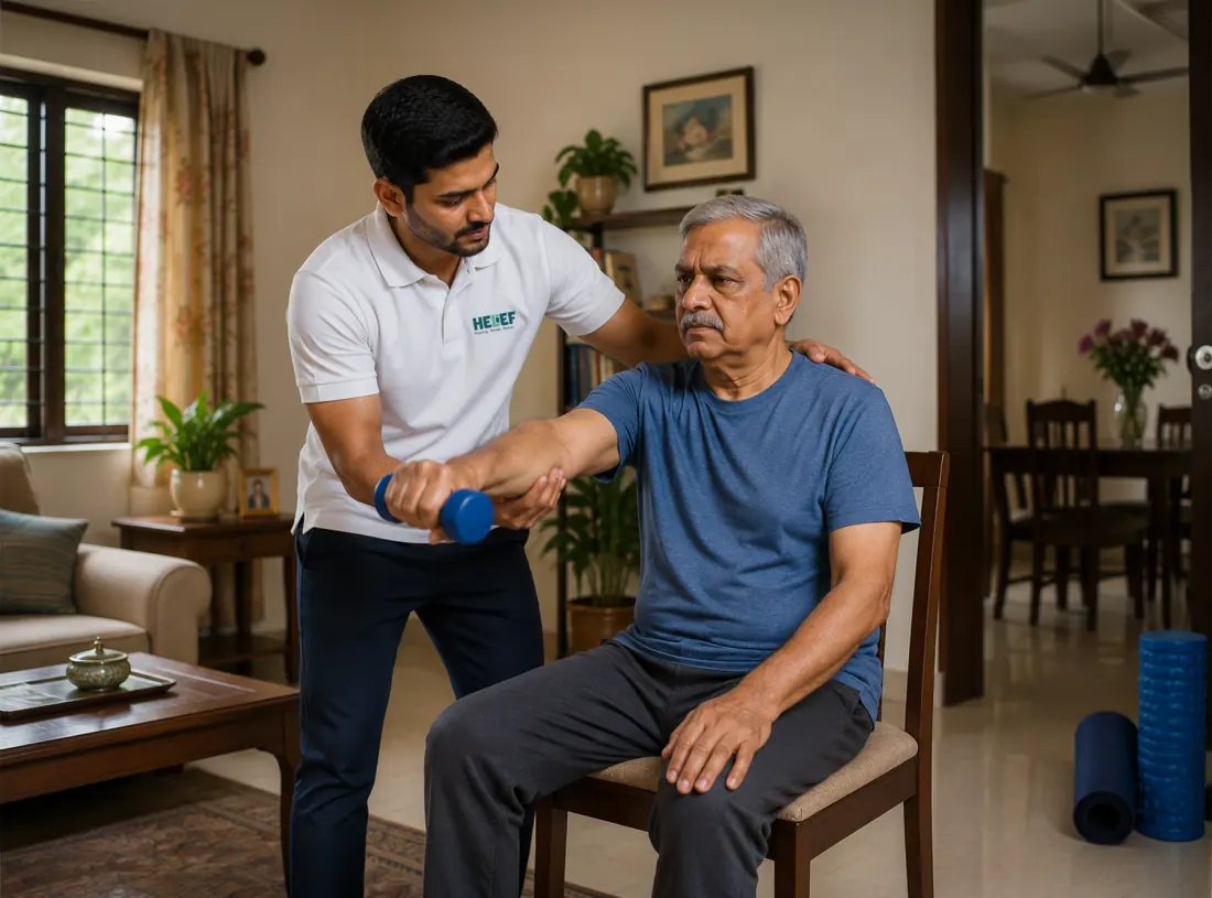 Helief physiotherapist treating stroke rehabilitation at home in Bangalore